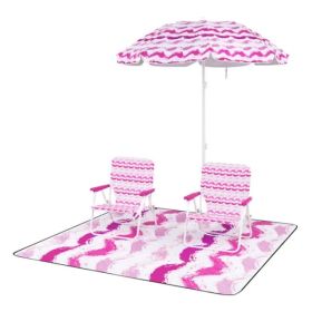 4-Piece Beach Set With 6.2ft Sun-Proof Umbrella, 2 Folding Chairs & 80 X 80 Waterproof Blanket-Pink
