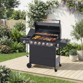 6 Burner BBQ Propane Gas Grill With Side Burner 72000 BTU Output Stainless Steel Barbecue Grill With Cast Iron Grates And Side Tables For Outdoor Cook